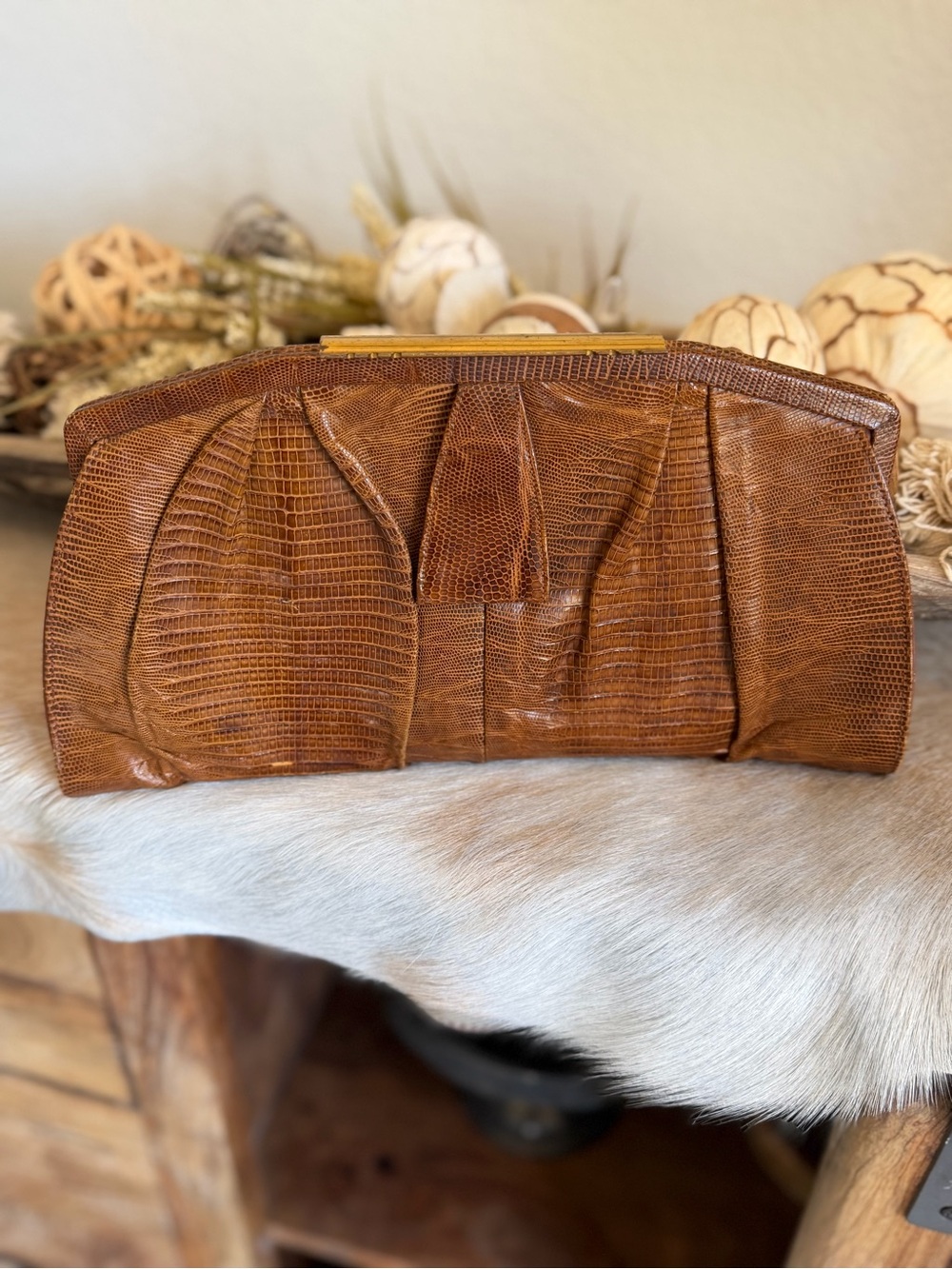 Vintage Brown Lizard-Texture Leather Clutch